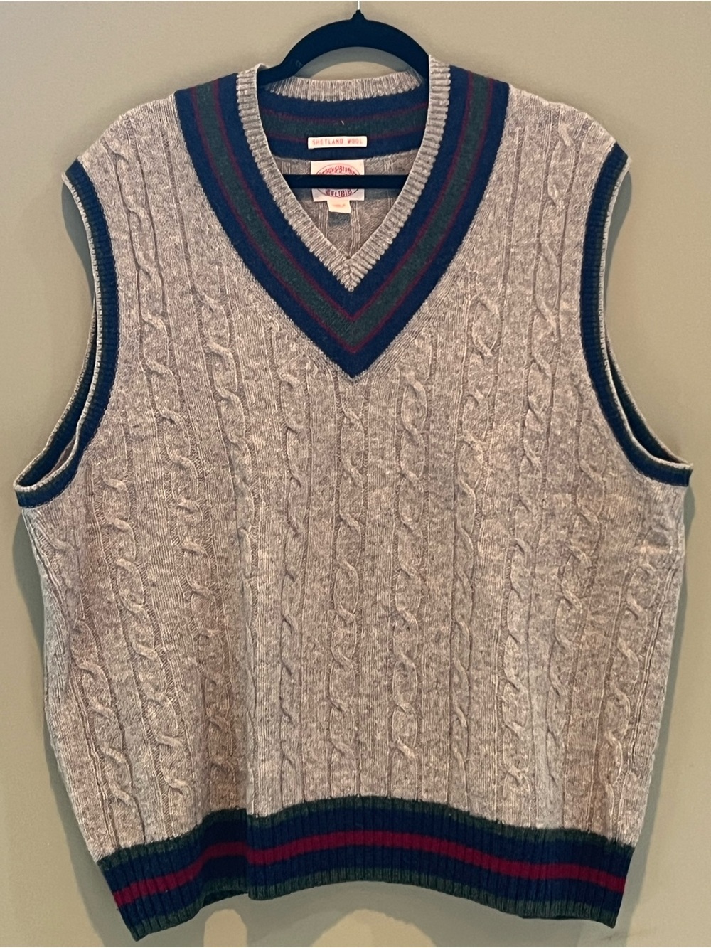 Brooks Brothers Cable Knit V-Neck Sweater Vest in Light Gray with Stripe Trim